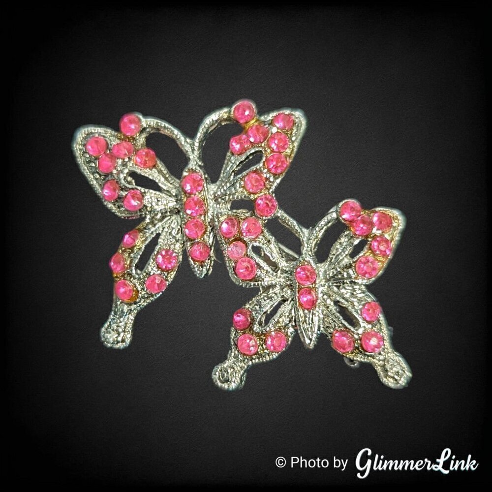 Pink Rhinestone Double Butterfly Silver Tone Brooch